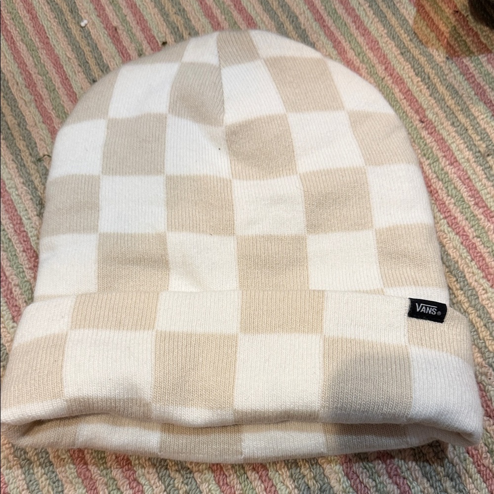 Vans Beige and White Checkered Beanie
